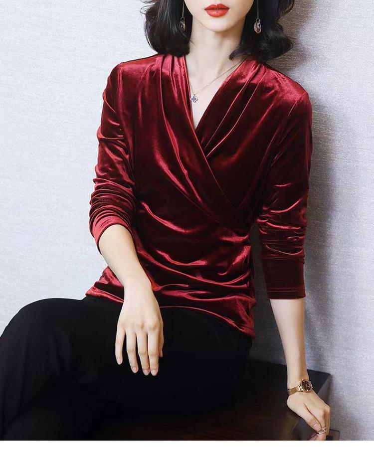 Women' Blouses Spring Autumn Elegant Folds Velvet Women Blouse Solid Color V-Neck Nine Quarter Casual Pullovers Office Lady Slim Shirt Tops, Red
Women' Blouses Spring Autumn Elegant Folds Velvet Women Blouse Solid Color V-Neck Nine Quarter Casual Pullovers Office Lady Slim Shirt Tops, Red