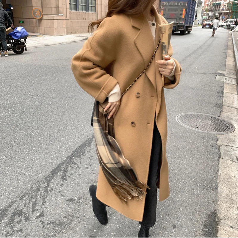 Women's Wool Blends Autumn Winter Double-sided Cashmere Overcoat Elegant Wool Blended Solid Colo Long Coat Fashion Simple Camel Oversized Coat 23