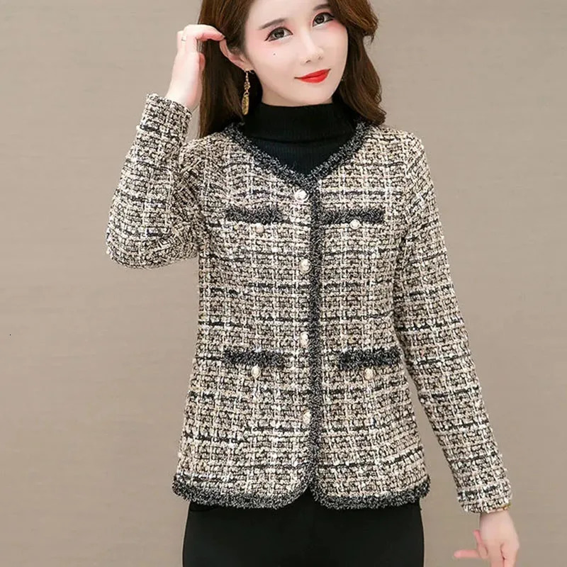 Womens Jackets Vintage Vneck Singlebreasted Plaid Women Spring Autumn Tweed Plus Size Outerwear Korean Fashion Casual Coat Streetwear 231113