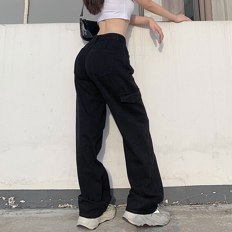 Women's Jeans Vintage Women Fashion White Blue High Waist Casual Jeans Loose Omighty Wide Leg Pocket Cargo Pants Solid Overalls Trouser 230413