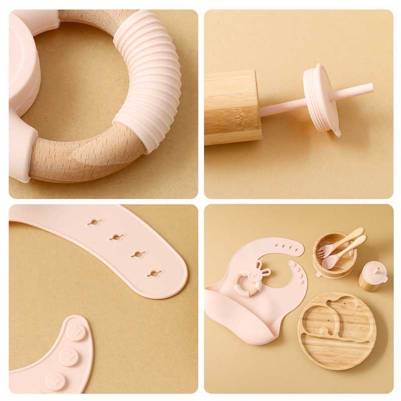 Cups Dishes Utensils 7pcs Bamboo Wood Dinner Plate Feeding Supplies Children's Tableware Suction Plate Bowl BPA Free Baby Stuff Newborn Accessori