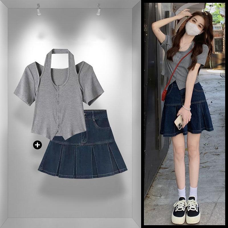 Work Dresses 2023 Summer Suit Female Women's Design Niche Short-sleeved Top Denim Half-body Skirt Two-piece Y2K Korean Fashion, Two pieces
Work Dresses 2023 Summer Suit Female Women's Design Niche Short-sleeved Top Denim Half-body Skirt Two-piece Y2K Korean Fashion, Two pieces