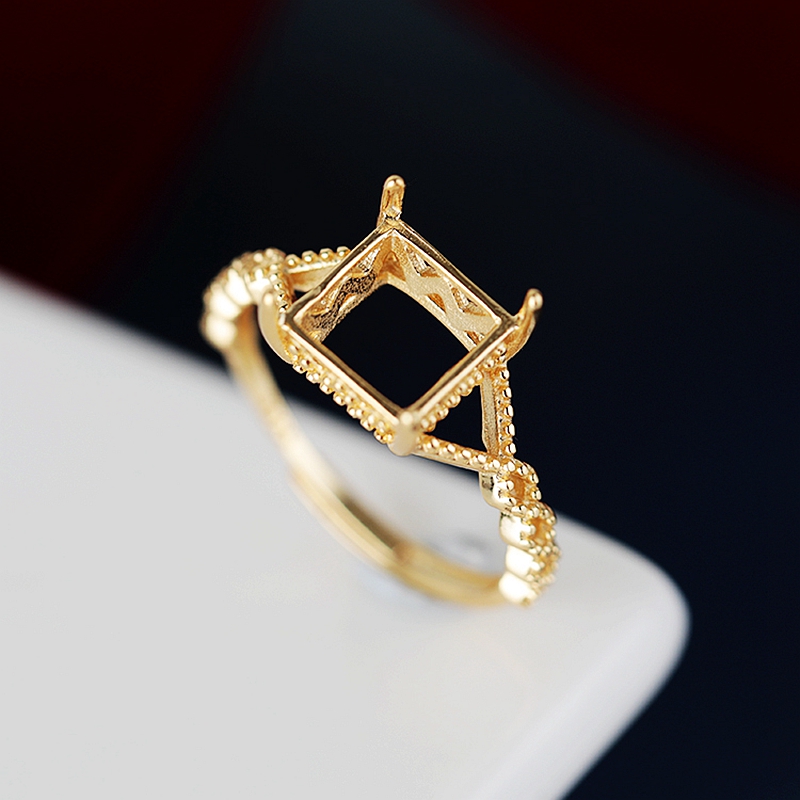 925 Sterling Silver Ring Solitaire 8x8mm Princess Cabochon Semi Mount Ring Setting Vintage Filligree Wholesale Women Engagement Wedding Simples Design