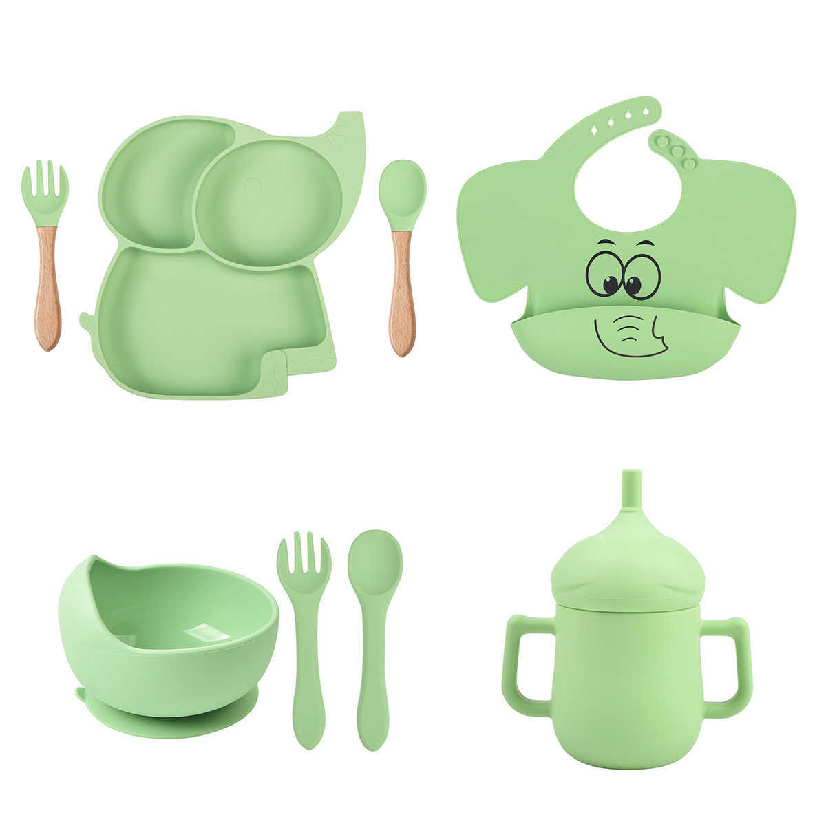 Cups Dishes Utensils 3/7/8PCS Baby Soft Silicone Sucker Bowl Plate Cup Bib Spoon Fork Set Non-slip Cartoon Elephant Children's Feeding Dishes Cut