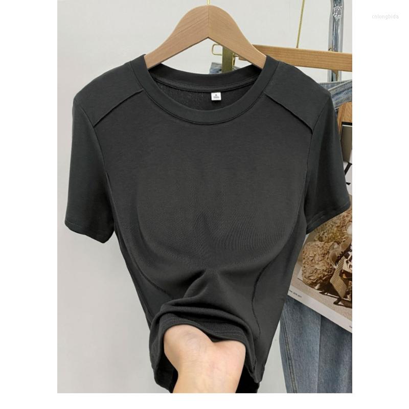Womens t Shirts Solid Color Round Neck Short Sleeve Slim T-shirt Women 2023 Summer Foreign Air Age Reduction Tops