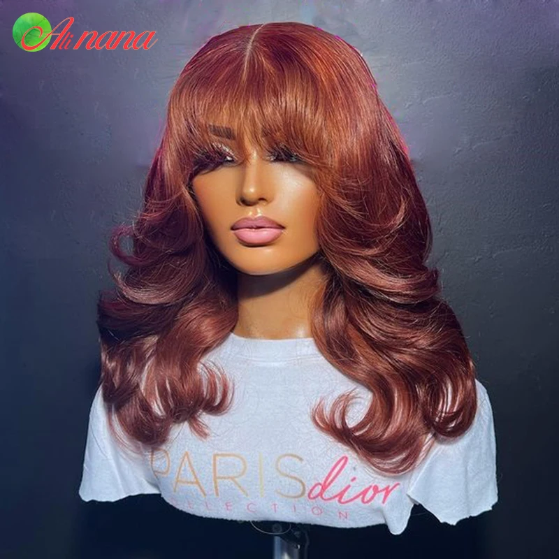Designer Glueless Wig Brazilian Reddish Brown Colored Body Wave With Bang Short Lace Front woman Human Hair For Women Glueless Wear Go Synthetic Wig C