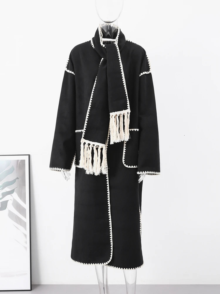 Women's Wool Blends Fashion Loose Wool Long Coat With Scarf Women Elegant Long Sleeve Thick Maxi Jacket Female Winter Warm Outwear Lady Jacket 23