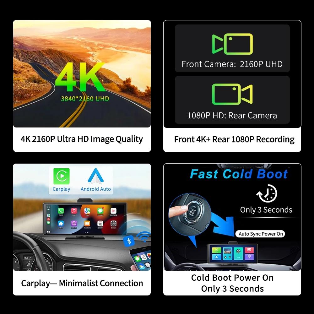 10.26 Inch Carplay 4K Car DVR Dash Cam Android Auto 4K Rearview Camera Video Recording WIFI Loop Record Phone APP