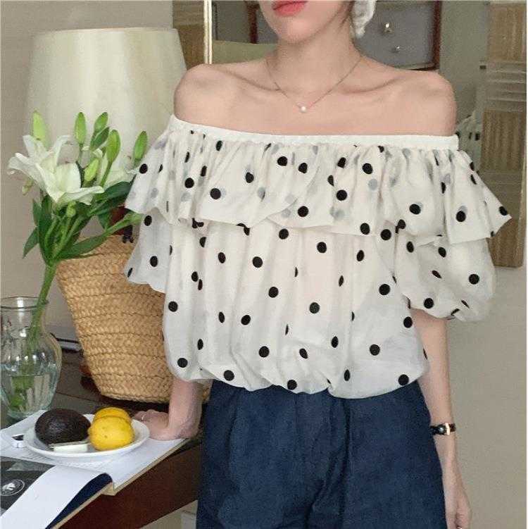 Korean Style Womens Blouses Summer French Romantic Polka Dot Off Shoulder Top, White
Korean Style Womens Blouses Summer French Romantic Polka Dot Off Shoulder Top, White