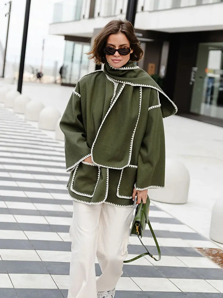 Women's Wool Blends Wool Blends Quilted Coat Jacket With Scarf Women's Cashmere Splice Long Sleeve Solid Balloon Thick Jackets Autumn Overco