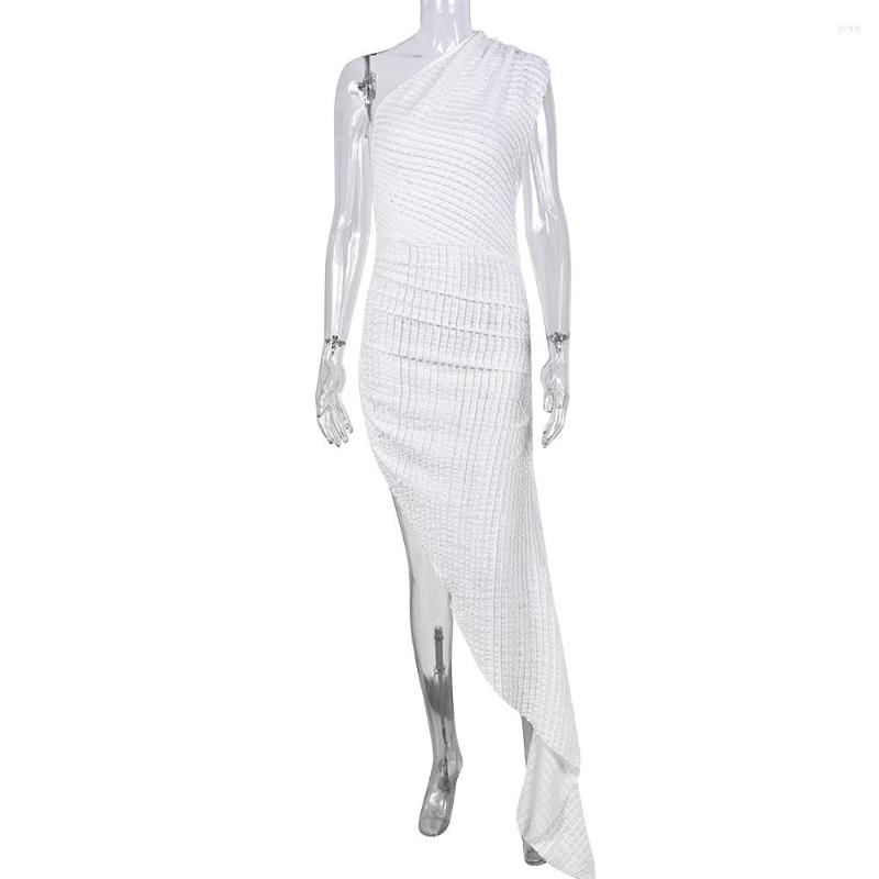 Casual Dresses Xiktop Summer 2024 Fast Fashion Knitting Solid Dress Sexy Streetwear Style Asymmetrical Diagonal Collar Formal Occasion