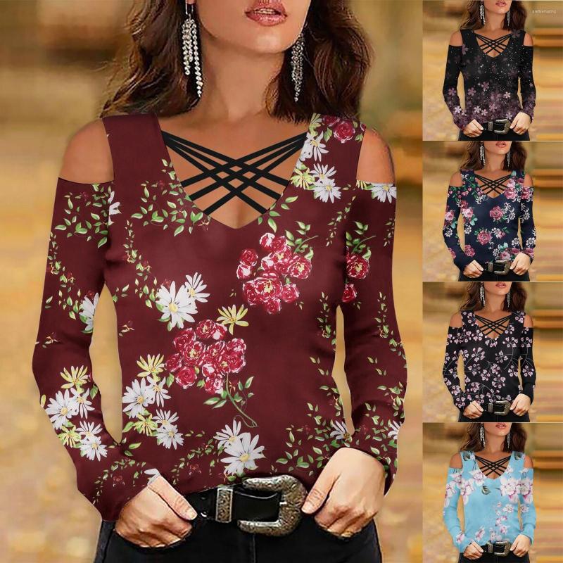 Women' Blouses Flower Print V-neck Cross Band Women' Blouse Off Shoulder Long Sleeve Top Y2k Streetwear Women Year Shirts, Blue