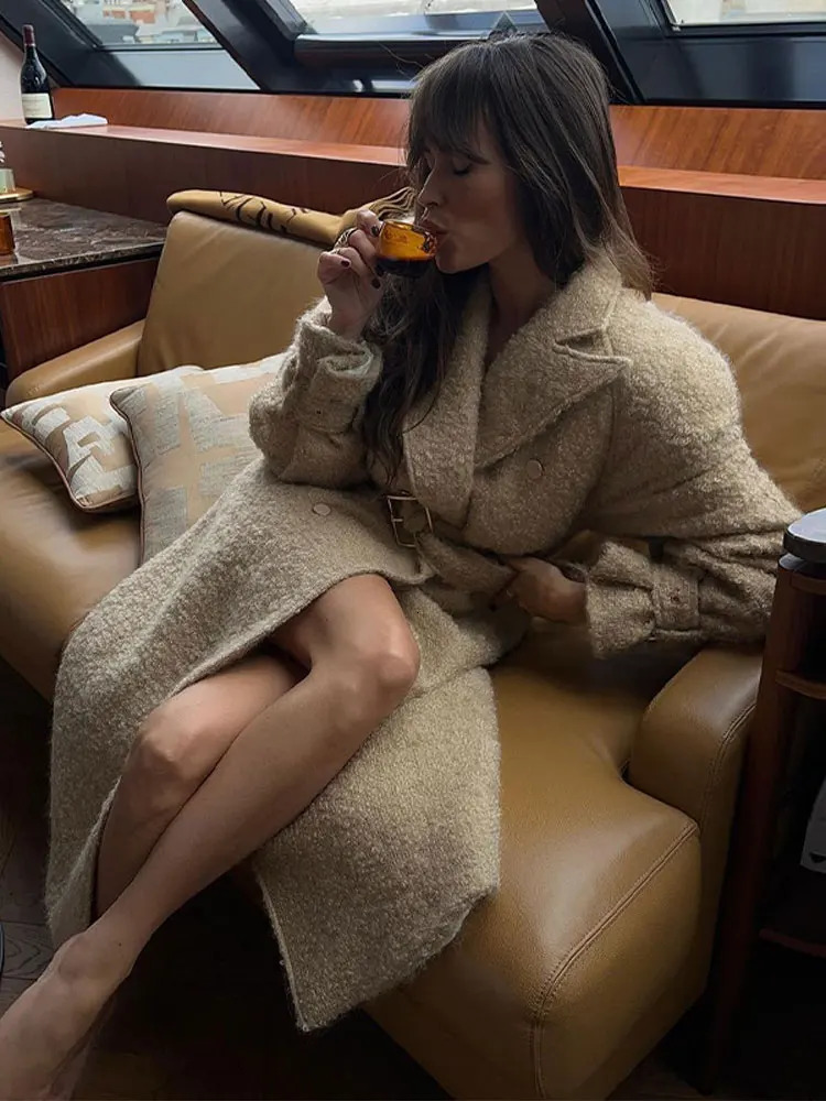 Women Blends Elegant Blend Long Coat For Women Autumn Winter Fashion Lapel Sleeve Double Breasted Overcoat Lady Street 231114