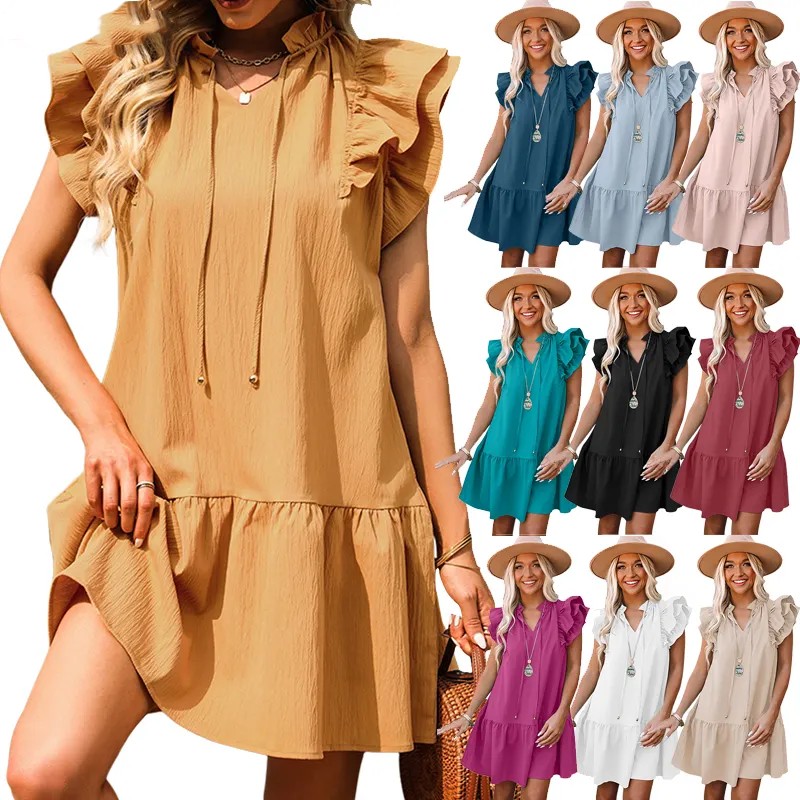 Fashion Summer Solid Color Pocket Sexy Women Ruffled Sleeves Dress Linen Clothing
Fashion Summer Solid Color Pocket Sexy Women Ruffled Sleeves Dress Linen Clothing