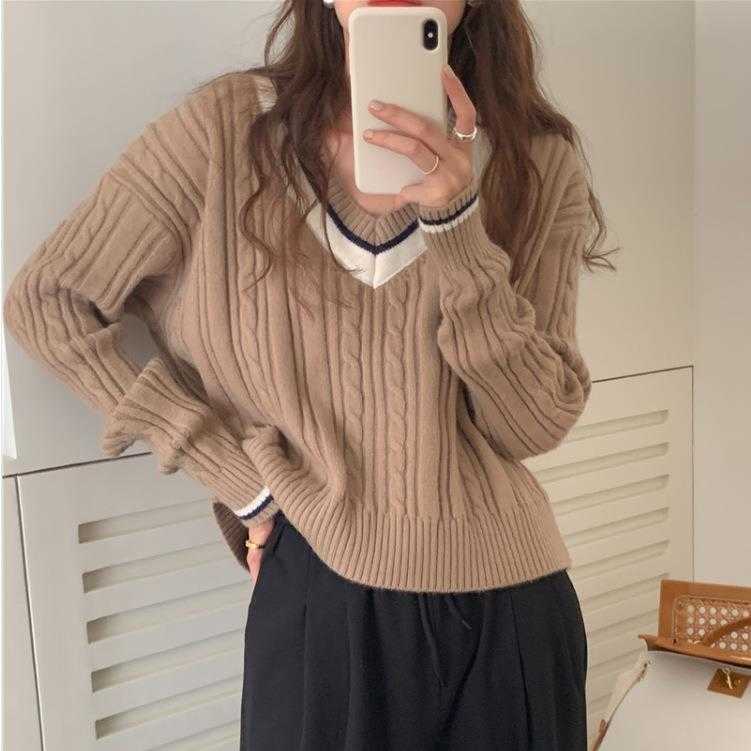 Fall Korean Womens Sweaters Style Preppy V Neck Color Block Hemp Pattern Loose, Creamy-white
Fall Korean Womens Sweaters Style Preppy V Neck Color Block Hemp Pattern Loose, Creamy-white