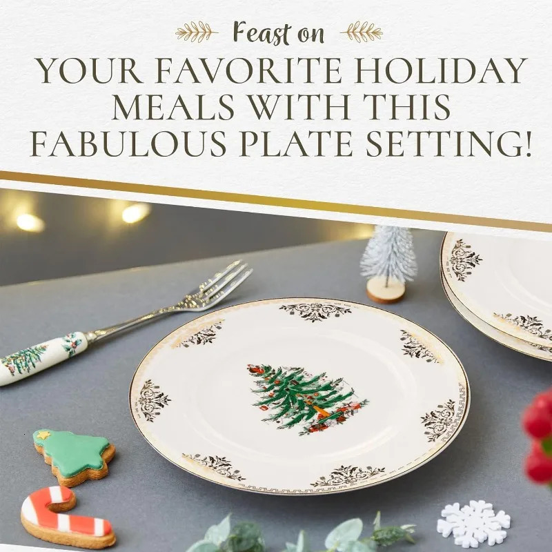 Dishes Plates Spode Christmas Tree Gold 4Piece Setting | Made of Fine Earthenware Collection Service for 1 Dinner Plate Salad 231113