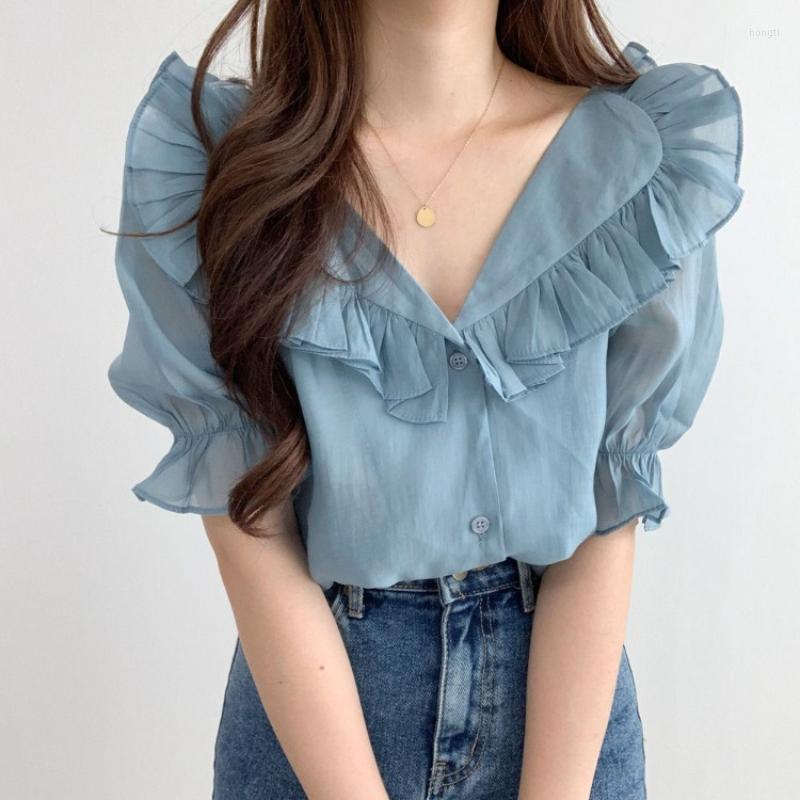 Women' Blouses Korean Fashion Ruffle Edge Sweet Shirt Women Bubble Sleeve Chiffon Shirts Summer White Transparent Blouse, Blue
Women' Blouses Korean Fashion Ruffle Edge Sweet Shirt Women Bubble Sleeve Chiffon Shirts Summer White Transparent Blouse, Blue