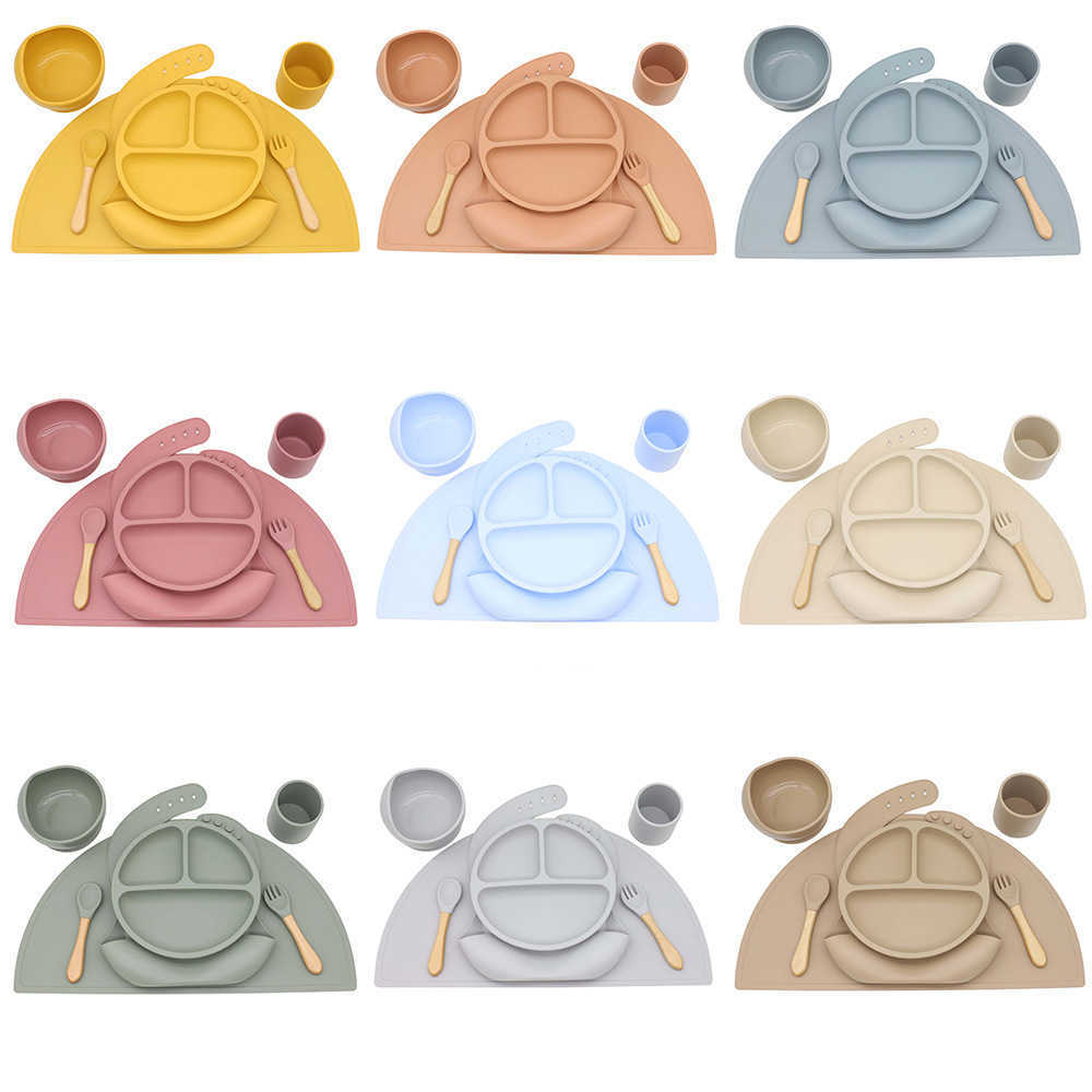 Cups Dishes Utensils Baby Silicone Feeding Tableware Set BPA-Free Suction Dinner Plate Bowl Bibs Sippy Cup Fork Spoon Placemat Baby Training Dishes AA