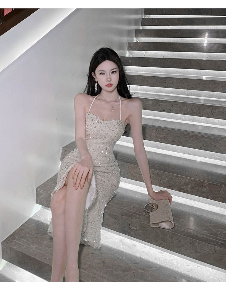 Womens party dresses halter neck sexy off shoulder tubr top strapless paillette shinny bling mermaid tunic vestidos SML