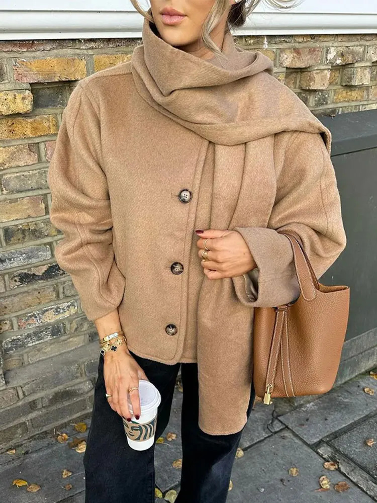 Women's Wool Blends Elegant Woolen Trench Scarf Collar Coat Women Vintage Fashion Windbreakers Jacket Winter Loose Single Breasted Warm Outerwear