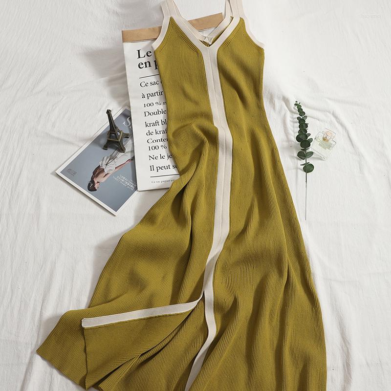 Casual Dresses Summer Women Knitted Contrasting Colors V-Neck Camis Long Female Elegant Sleeveless Waist Thin Split A-Line Dress, Black
Casual Dresses Summer Women Knitted Contrasting Colors V-Neck Camis Long Female Elegant Sleeveless Waist Thin Split A-Line Dress, Black