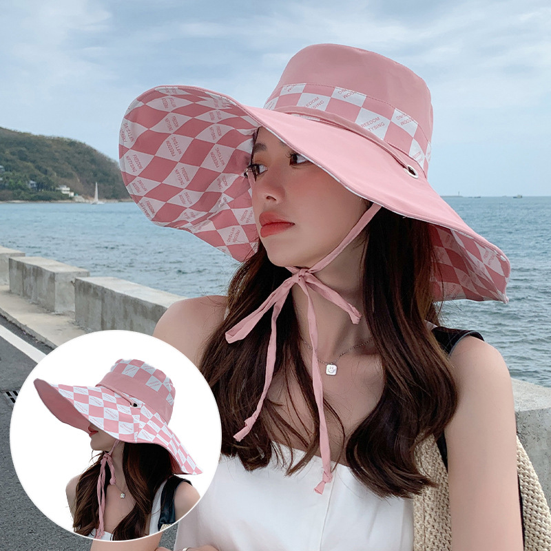 Wide Brim Bucket Hats Ladies Bucket Hat Double Sided Wear Fashion Checked Summer Beach Neck Protection Sun Visor Packable Wide Brimmed Foldable Revers