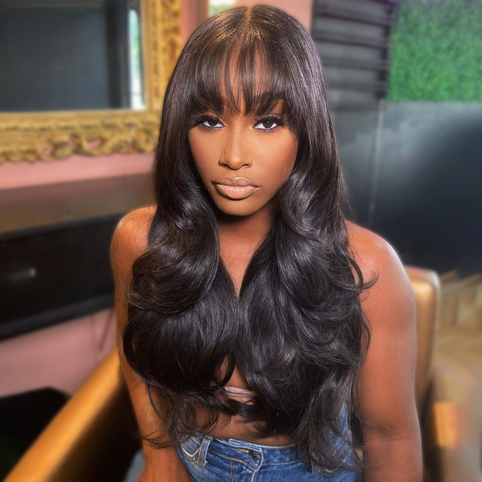 Free shipping Red Glueless Wavy Frontal Human Hair with Bangs for Women Ombre Ginger Brown Body Wave Wigs Synthetic Lace Closure Wig