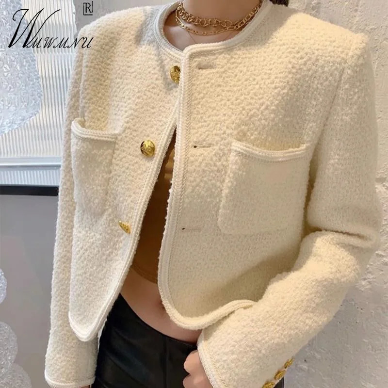 Womens Wool Blends Short Tweed Jacket Women Elegant Loose ONeck Woolen Blend Coat Korean Fashion Cropped Outerwear Spring Fall Veste Femme 231114