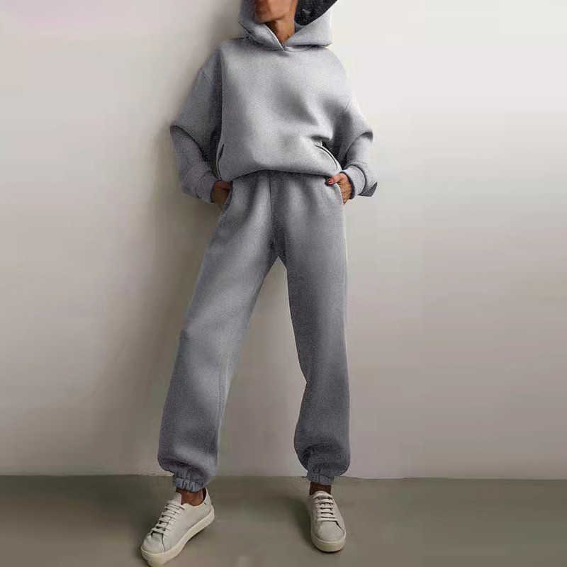 Women's Tracksuit Solid Hooded Sport Suits Autumn Warm Hoodie Casual Long Sleeve Sweatshirts and Trousers Fleece Two Piece Sets