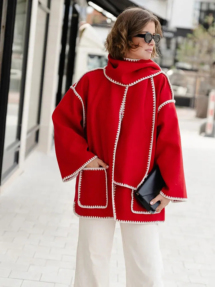 Women's Wool Blends Wool Blends Quilted Coat Jacket With Scarf Women's Cashmere Splice Long Sleeve Solid Balloon Thick Jackets Autumn Overco