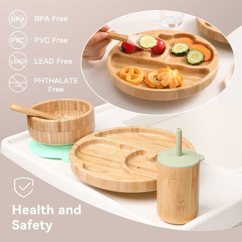 Cups Dishes Utensils 7pcs Bamboo Wood Dinner Plate Feeding Supplies Children's Tableware Suction Plate Bowl BPA Free Baby Stuff Newborn Accessori
