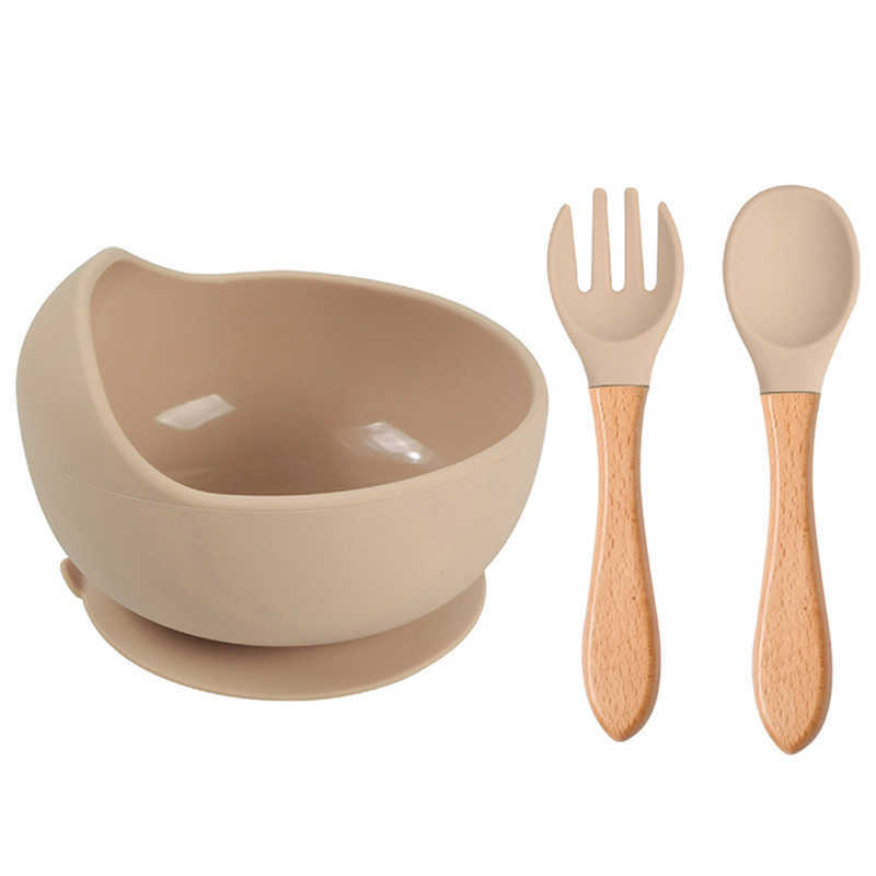 Cups Dishes Utensils 3/4 PCS Baby Silicone Feeding Bowl Wooden Handle Silicone Spoon Fork Bibs Sets Children's Tableware Suction Bowl Dishes For 