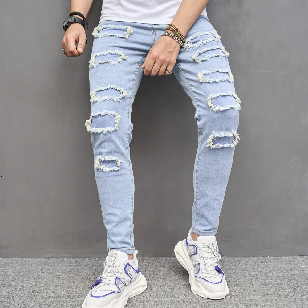 Men s Jeans Men Streetwear Stylish Ripped Patch Slim Pencil Trousers Male Casual Stretch Denim Pants 231113