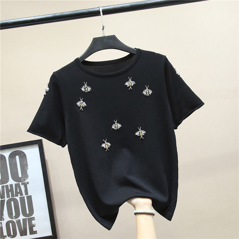 Women's T-Shirt Fashion Beading Diamonds Bee T Shirt O-Neck Short Sleeve Tops Loose Baggy Summer Clothes For Women Clothing Woman Tshirts 230414