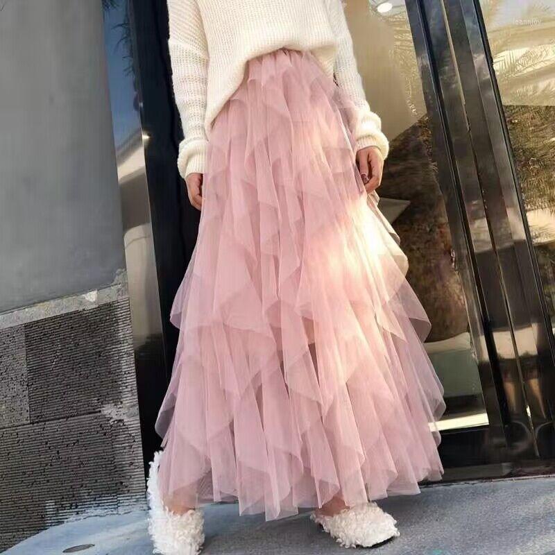 Skirts 2023 Spring Summer Autumn Korean Style Women Tutu Tulle Skirt Female Midi Long Elastic High Waist Teenage Girl Mesh, Black