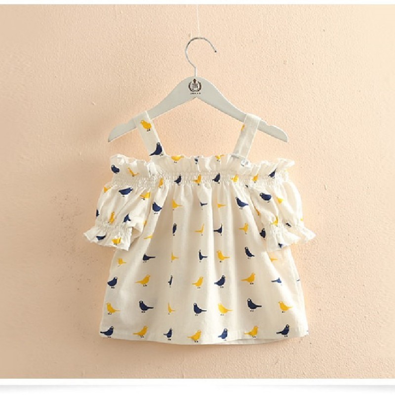 T-shirts Fashion 2 3 4 5 6 8 10 Years Cotton Cartoon Print Short Sleeve Off Shoulder Strap Summer T-Shirt For Kids Baby Girls 230414