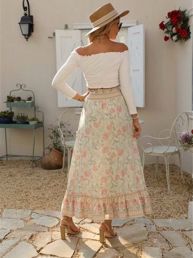 Skirts Vintage Chic Summer Fashion Women Floral Print Beach Bohemian Long Skirts High Elastic Waist Maxi A-Line Boho Skirt Femme 230414