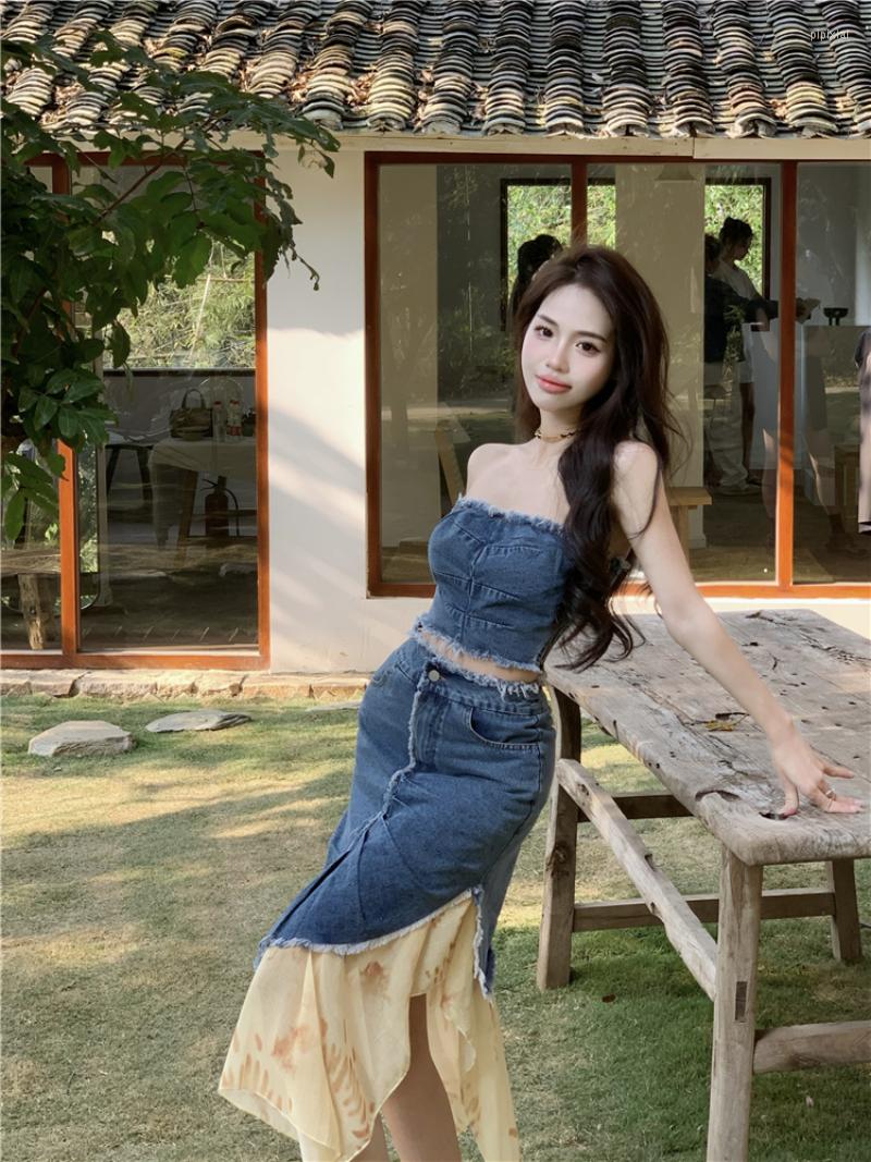 Work Dresses Girl Suit Women' Irregular Strapless Top Denim Tie-dye Patchwork Long Skirt Two-piece Set Fashion Elegant Female Clothes, Blue
Work Dresses Girl Suit Women' Irregular Strapless Top Denim Tie-dye Patchwork Long Skirt Two-piece Set Fashion Elegant Female Clothes, Blue