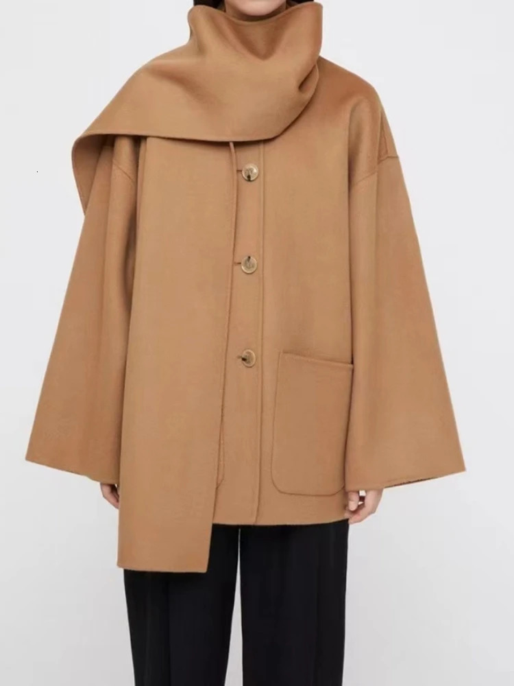 Women's Wool Blends autumn and winter wide-sleeved scarf collar camel loose coat women 231114