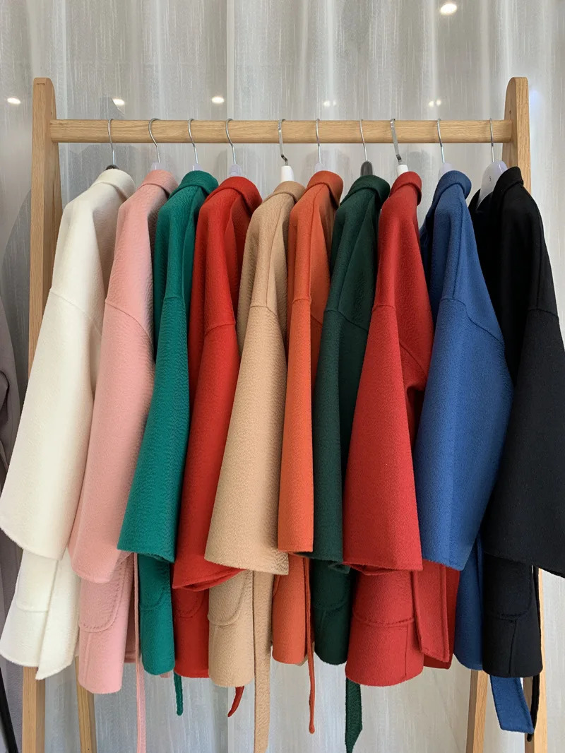 Women's Wool Blends Water Ripple Wool Coat Women Autumn Cashmere Coat Female Mid-length Black Coat Loose Lace Beige Coat Camel Fashion Casual Coa