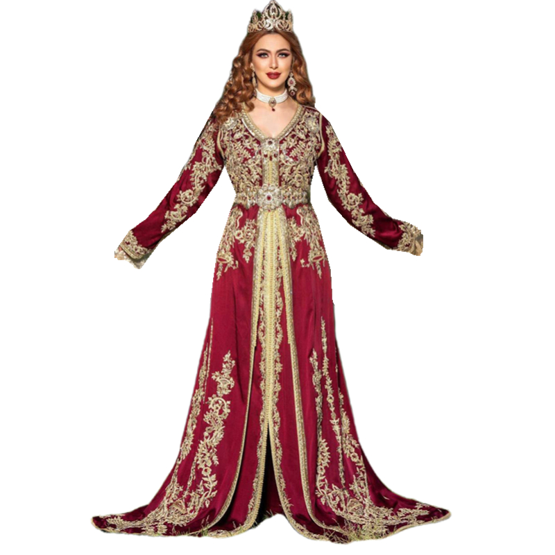 Elegant Burgundy Kaftan Moroccan Formal Evening Dresses With Gold Lace Appliques Regular Long Sleeves Saudi Arabic Prom Dress Traditional Mariage Wome