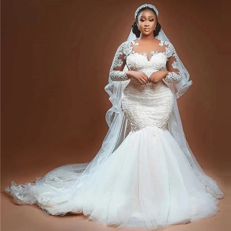 South Africa Mermaid Wedding Dresses Lace Full Sleeve Appliqued Sweep Train Tulle Bridal Gowns Sheer O-Neck Arabic Aso Ebi Vestidos De Novia Plus Size