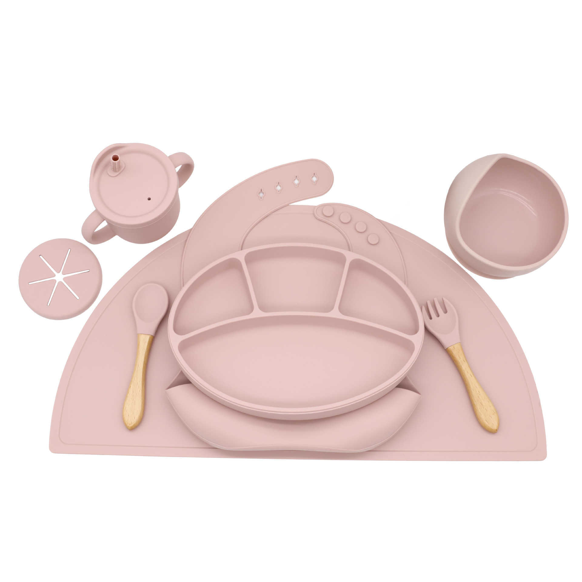 Cups Dishes Utensils Baby Silicone Feeding Tableware Set BPA-Free Suction Dinner Plate Bowl Bibs Sippy Cup Fork Spoon Placemat Baby Training Dishes AA