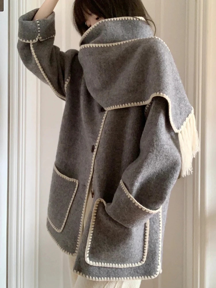 Women's Wool Blends Eshin Autumn Fashion Women's Coats Scarf Collar Loose Single Breasted Tassel Spliced Pockets Jackets Female TH1550 23111