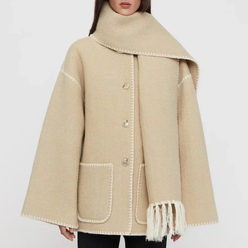 Women's Wool Blends Tassel Scarf Collar Faux Woolen Jacket Coats Woman Autumn Embroidery Single Breasted Pocket Coat Loose Casual Fashion Office 