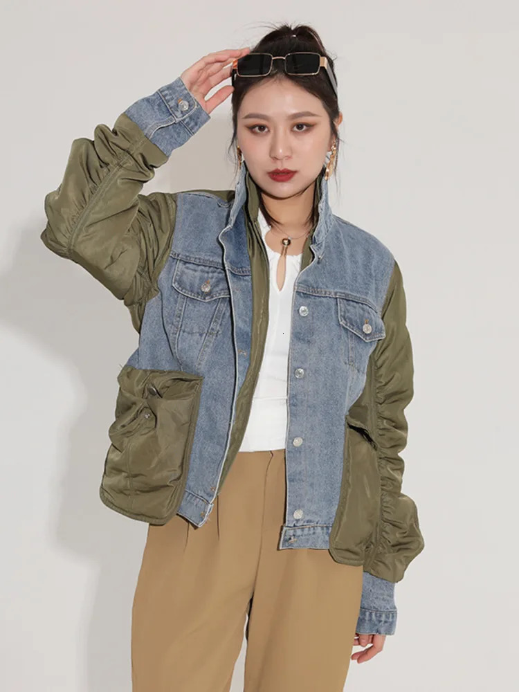 Women's Jackets DEAT Autumn And Winter Fashion Turn-down Collar European Style Loose Patchwork Denim Cotton Woman jackets 7Z249 231114