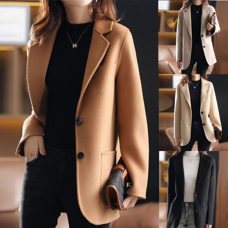 Women's Wool Blends Autumn Winter Woolen Coat Women Suit Jacket Solid Color Single-breasted Pocket Casual Blazers Female Khaki Camel Outerwear 23