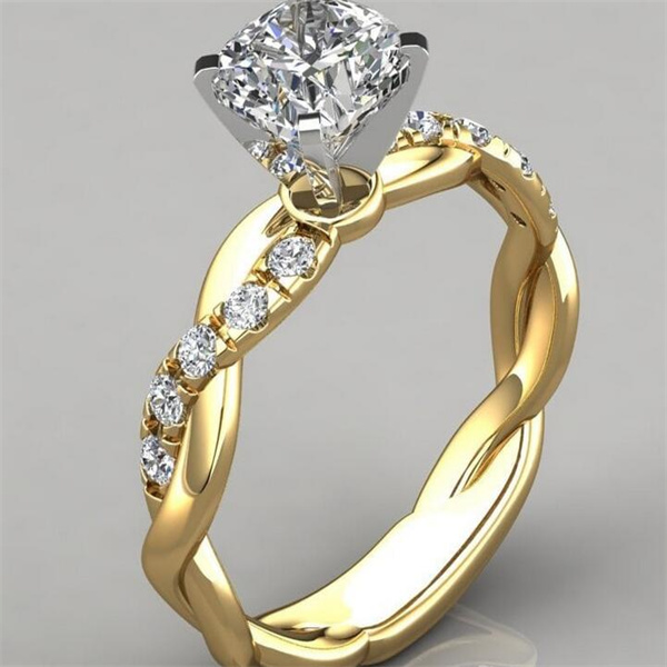 Double tone princess square diamond ring with cross twisted pattern and diamond inlay ring Delysia King Ring GC2034