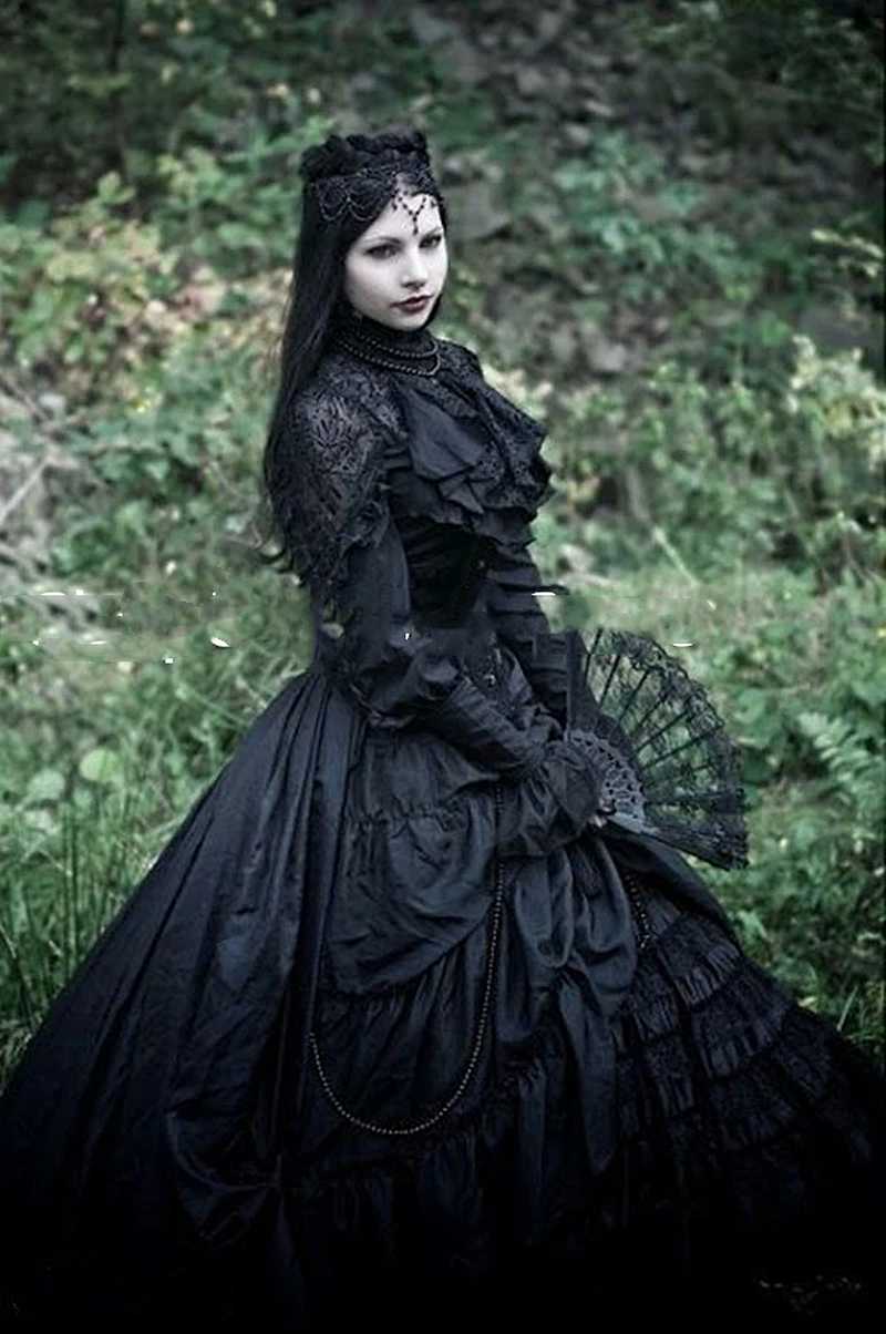 Victorian Gothic Black Wedding Dress For Bride 2023 High Collar Long Sleeves Steakpunk Vintage Bridal Gowns Tiered Floor Length