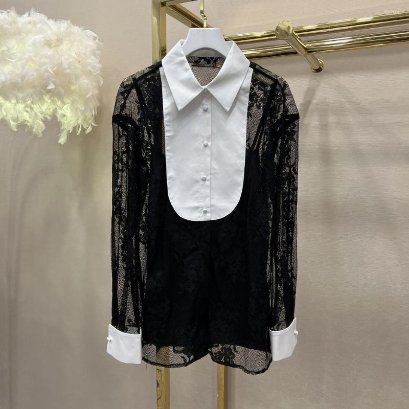 Women' T Shirts Early Spring Black Jacquard Lace Stitching Shirt Retro Style White Collar Front, Multi
Women' T Shirts Early Spring Black Jacquard Lace Stitching Shirt Retro Style White Collar Front, Multi